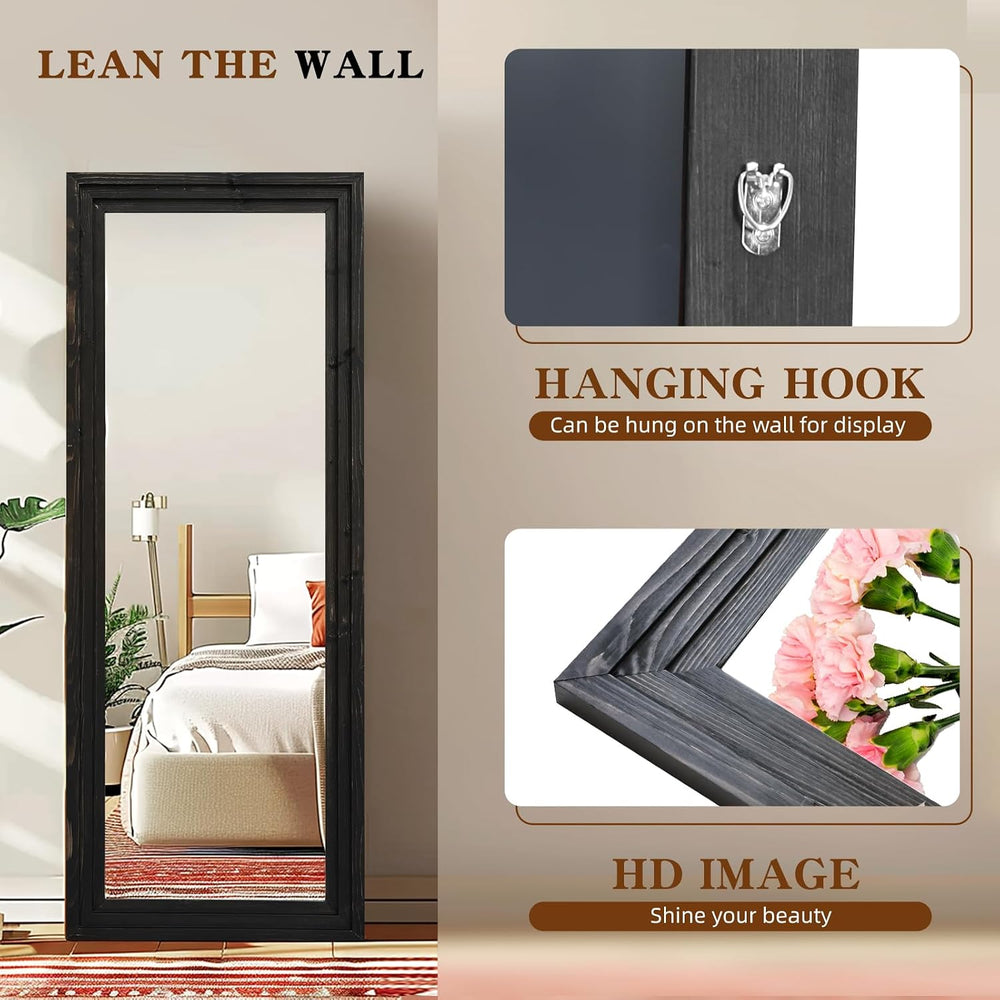 58x22in Full Length Mirror, 3-Tier Stepped Solid Wood Frame, Black