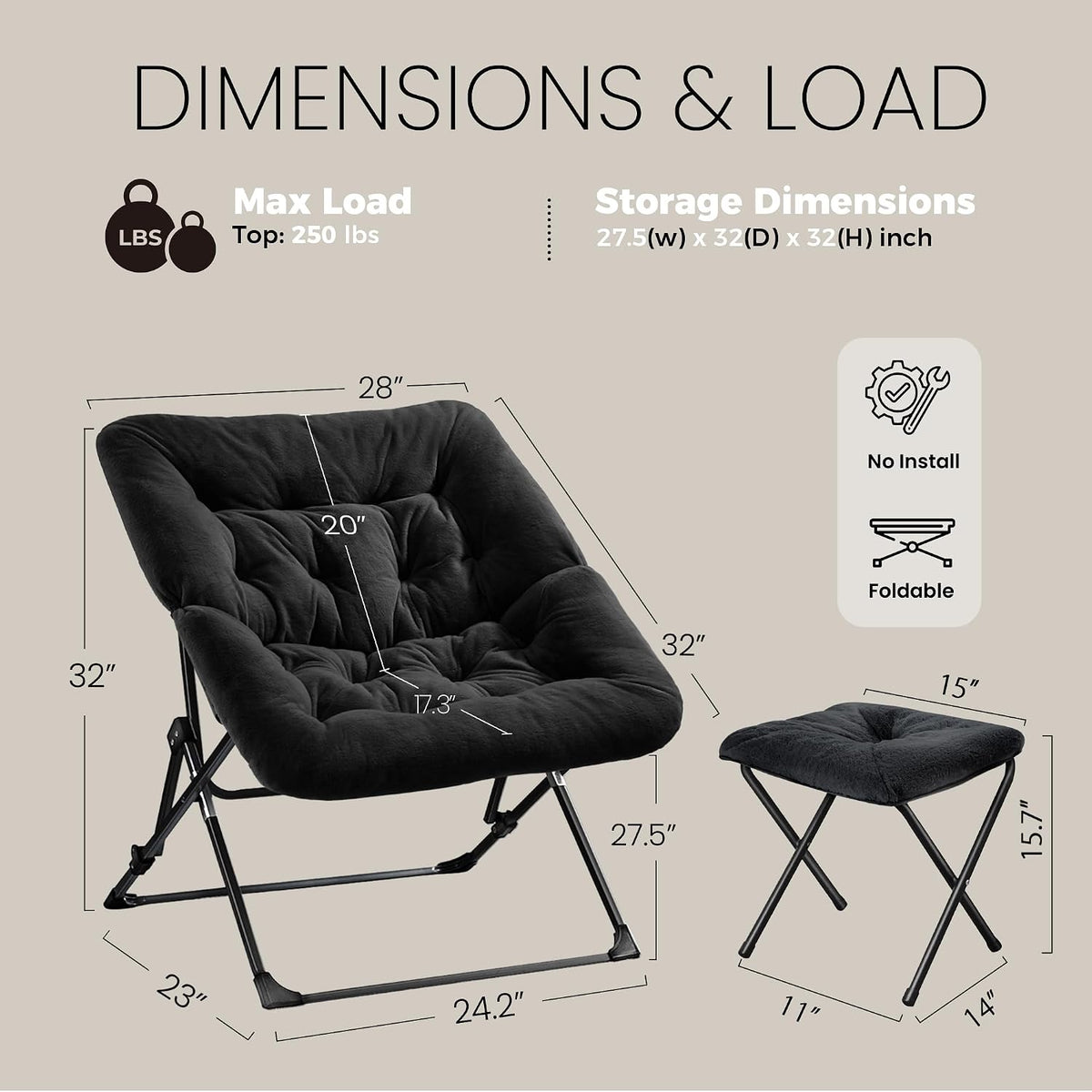 oakham saucer chair for adults, foldable comfy chair, close-up detail