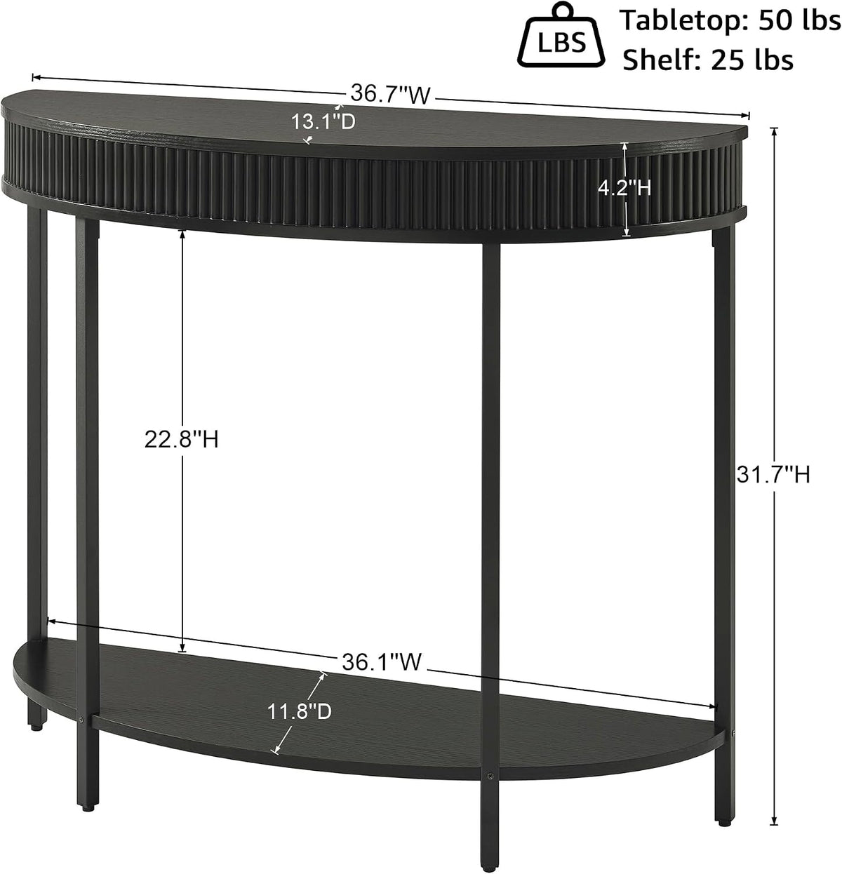 Fluted Half Moon Console Table, Modern 2-Tier Black Entryway Console