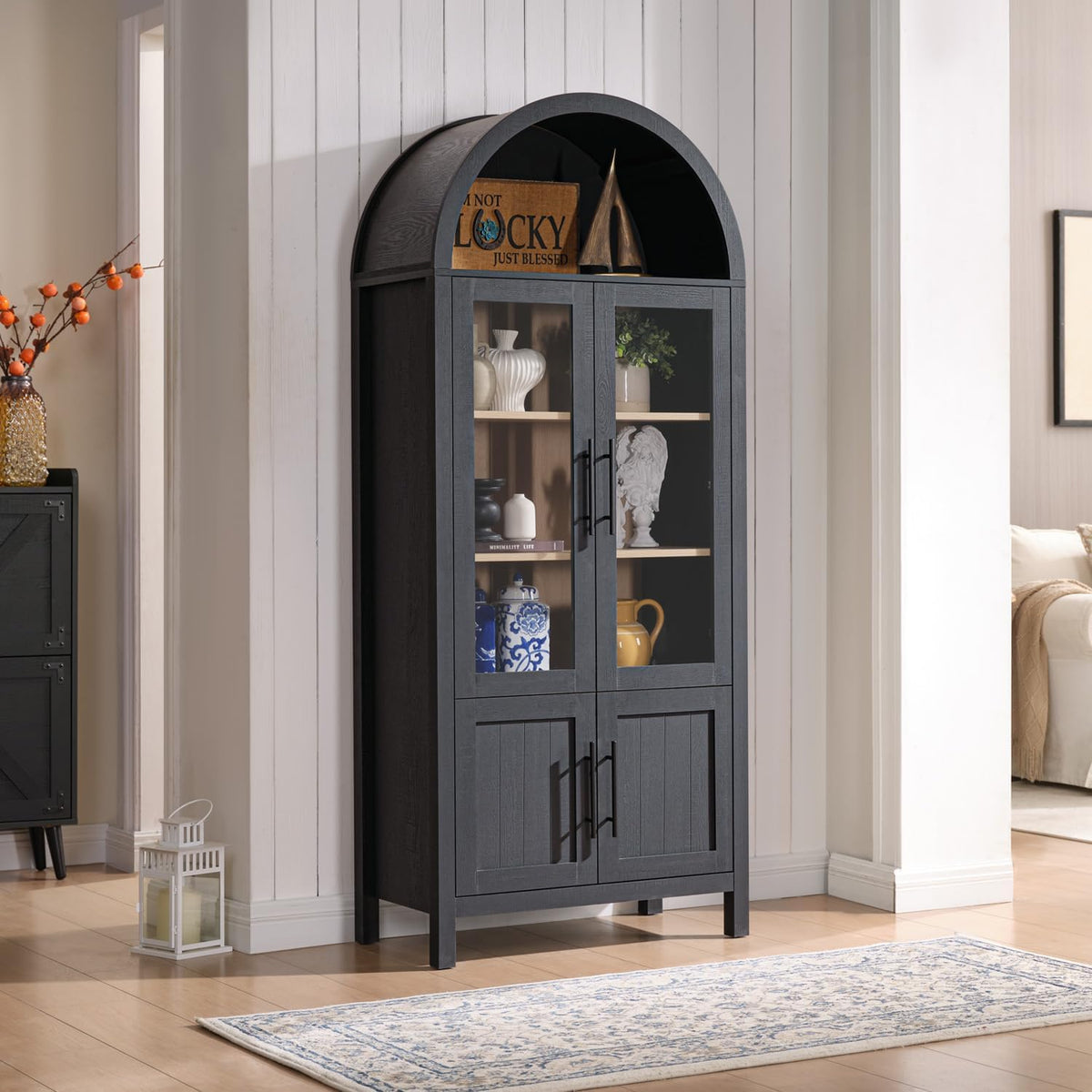 71" Tall Arched Display Cabinet with Glass Doors, 5-Tier Bookshelf