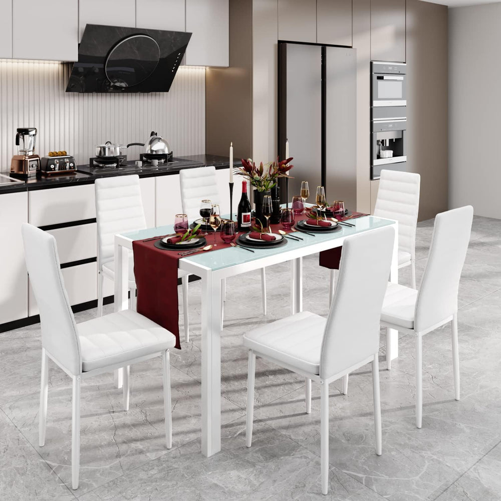 Gizoon White 7 Piece Glass Dining Table Set, Kitchen Table and Chairs Set