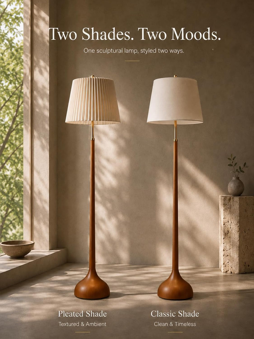 MOFFE Mid Century Modern Wood & Brushed Brass Floor Lamp with Remote