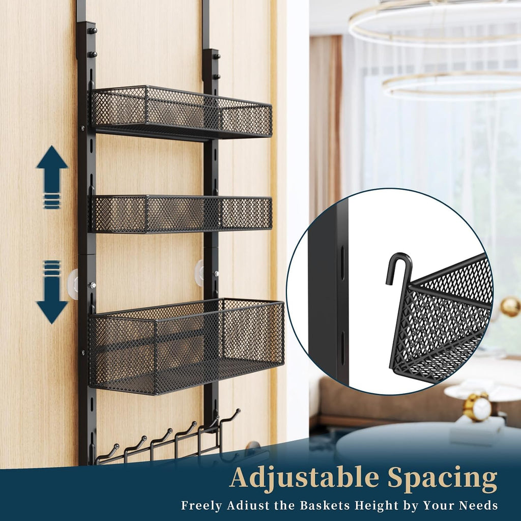 Consumest Over The Door Hooks Organizer - 4 Tier Door Coat Rack with 3 Baskets & 12 Hooks, Stainless Steel Towel Hanger for Bedroom, Bathroom, Living Room, Black