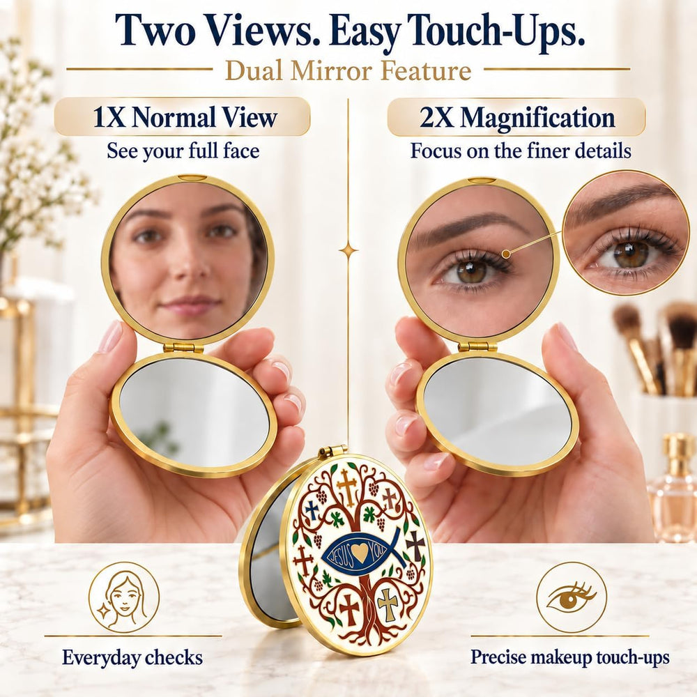 Christian Compact Mirror, 1X/2X Magnification, Gold-Tone, Gift Box & Card