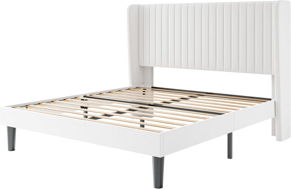 SHA CERLIN Queen Size Velvet Bed Frame, Tufted Wingback Headboard, White