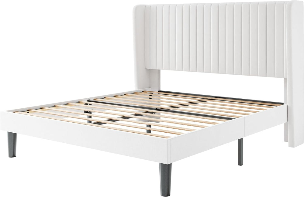 SHA CERLIN Full Size Velvet Bed Frame, Tufted Wingback Headboard, White