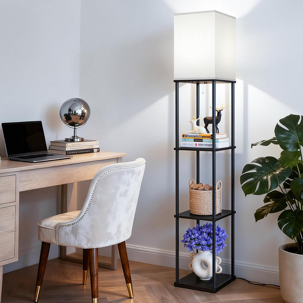 Floor Lamp with Shelves, 3-Tier Modern Square Bookshelf Standing Lamp Black