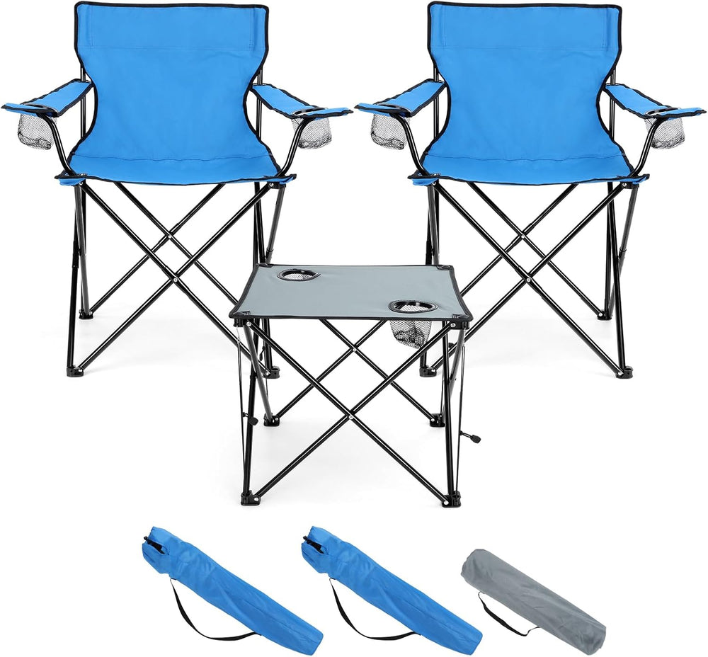 HaSteeL Folding Camping Chair Set of 3, Foldable Blue Camp Chairs & Grey ...