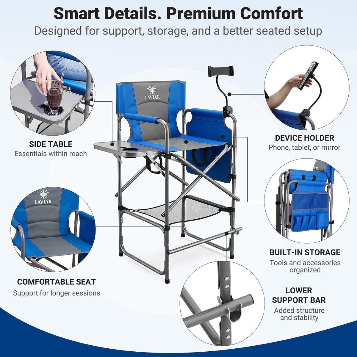 Tall Foldable Directors Chair with Tablet Holder for Camping