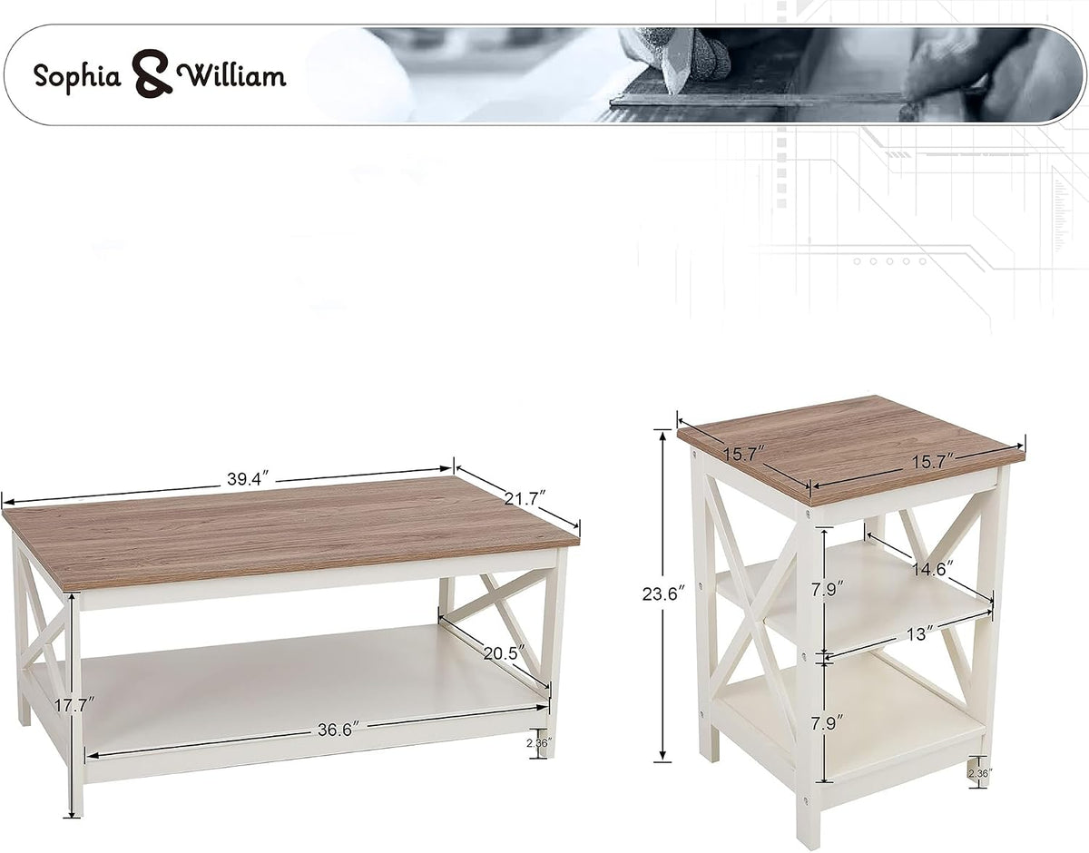 Sophia & William Farmhouse Living Room Furniture Set with 1 Coffee Table and 2 End Table with Storage Shelves