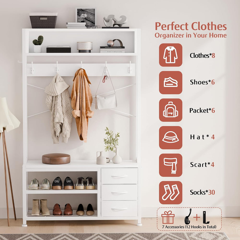 Hall Tree with Bench & 3 Drawers Storage 31.5" Coat Rack Entryway Or...