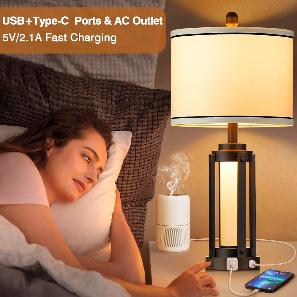 25" Modern Table Lamps Set of 2, Industrial Beside Lamps with USB A+C Ch...