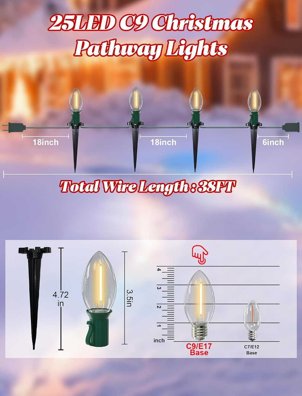 38FT C9 LED Christmas Pathway Lights with 25 C9 Bulbs and Stakes