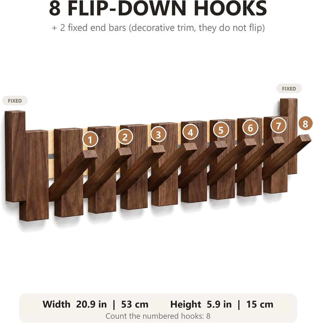 Piano Key Coat Rack Wall Mounted, 8 Flip-Down Hooks, Walnut-Toned