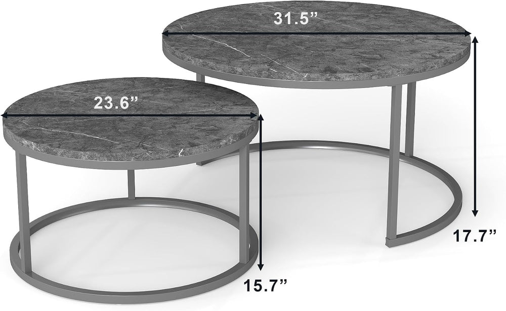 Nesting Coffee Table Set of 2, 31.5" Round Coffee Table Wooden Marble Pa...