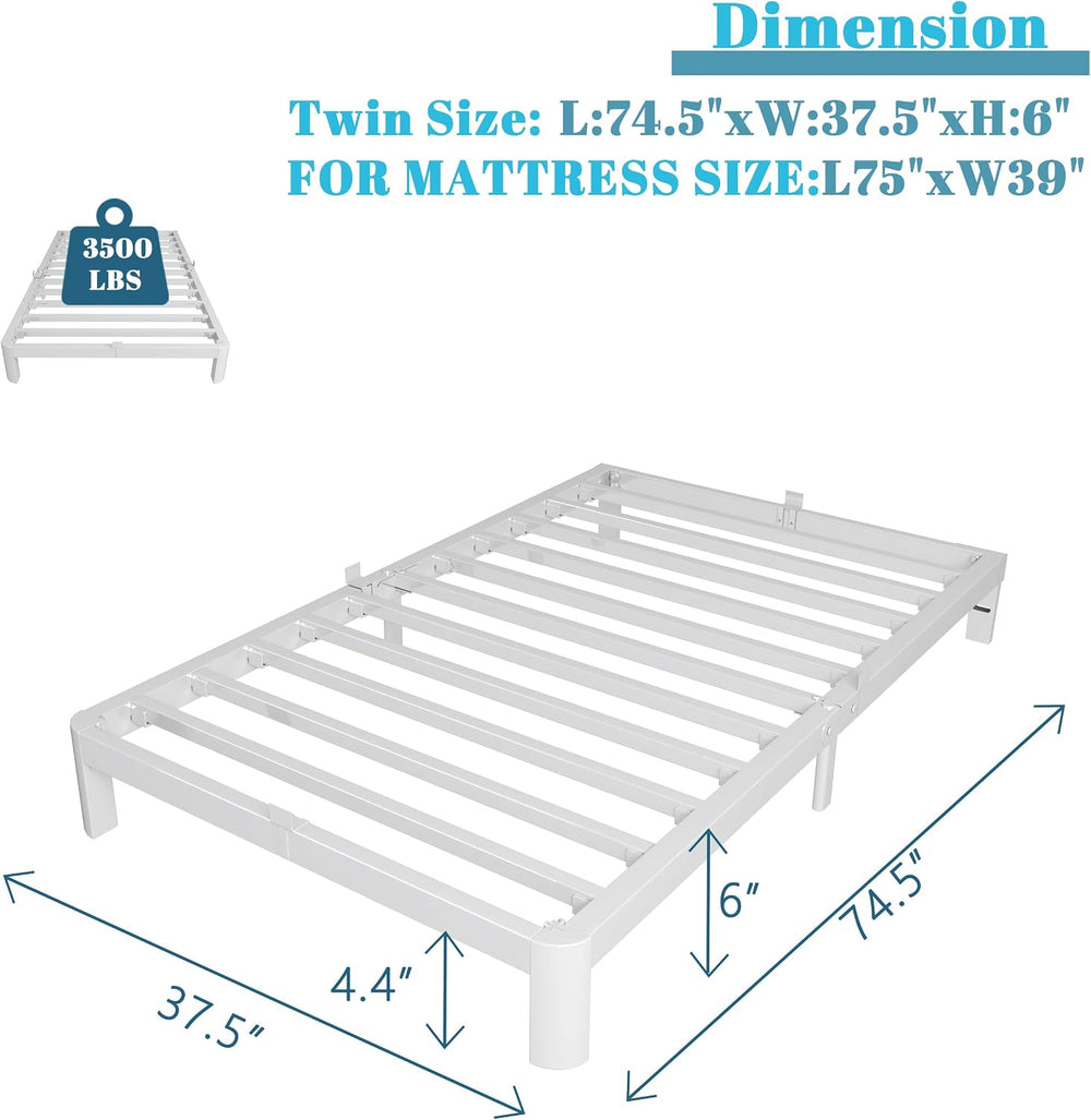 6 Inch Twin Bed Frame with Metal Gasket, White Single Bed Base