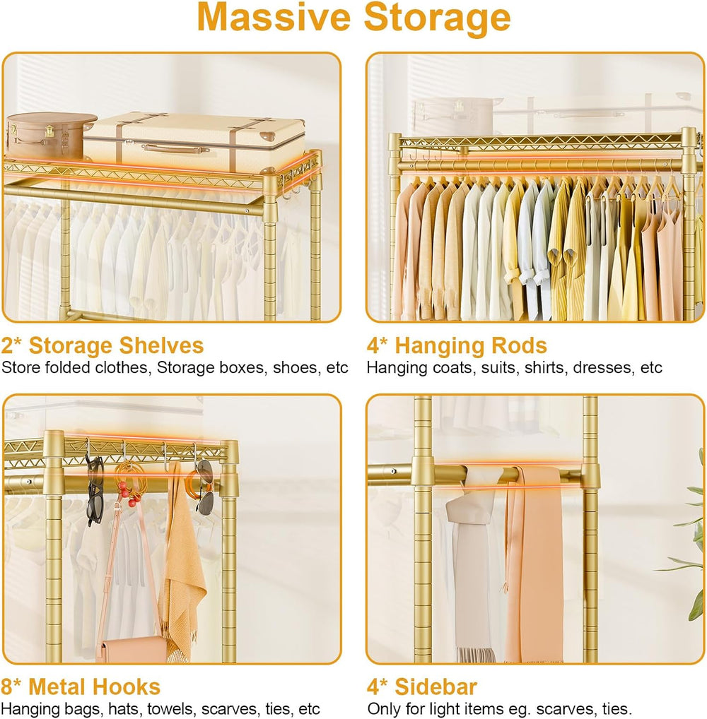 ULIFHOME Rolling Clothes Rack, Clothing Racks for Hanging Clothes, Gold