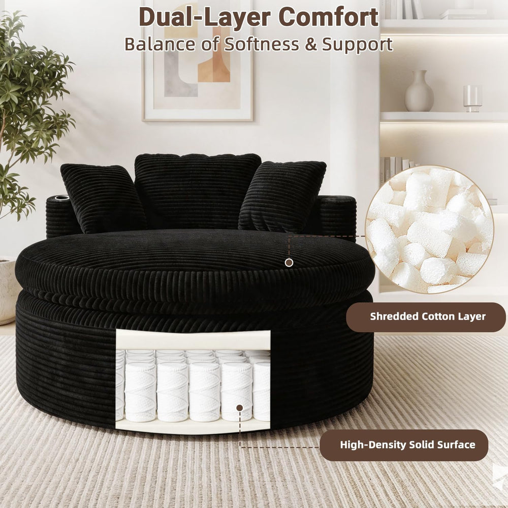 Oversized Round Chair Lounge Chaise, 58'' Corduroy Sofa Bed, Black