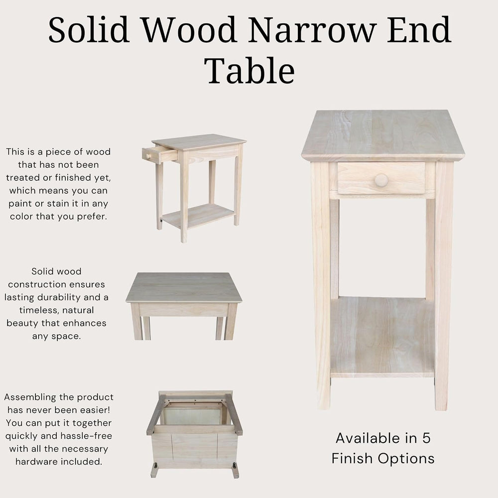 IC International Concepts, Narrow End Table, Solid Real Wood, Sturdy Parawood...