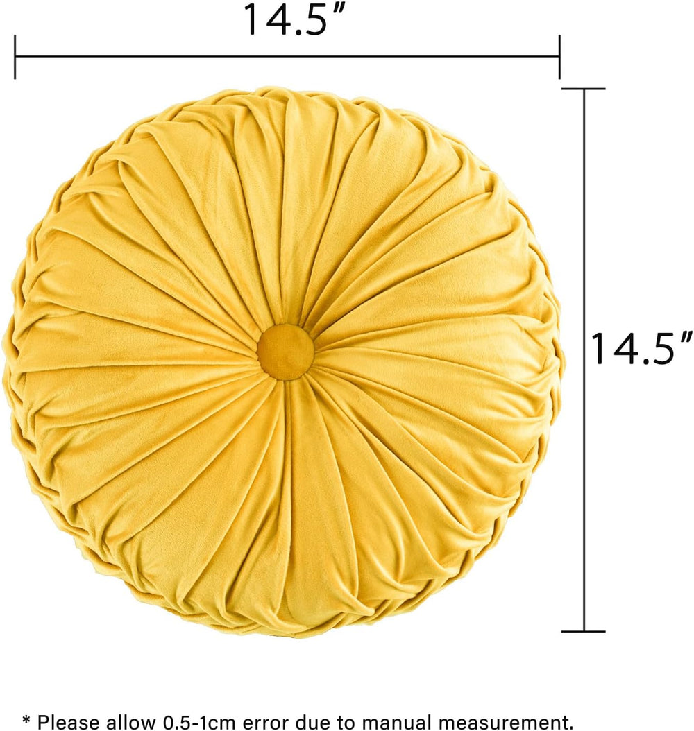 HIG Set of 2 Yellow Velvet Decorative Round Pleated Throw Pillows