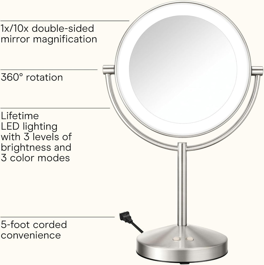 Conair LED Vanity Mirror, Double-Sided, 10x Magnification, Satin Nickel