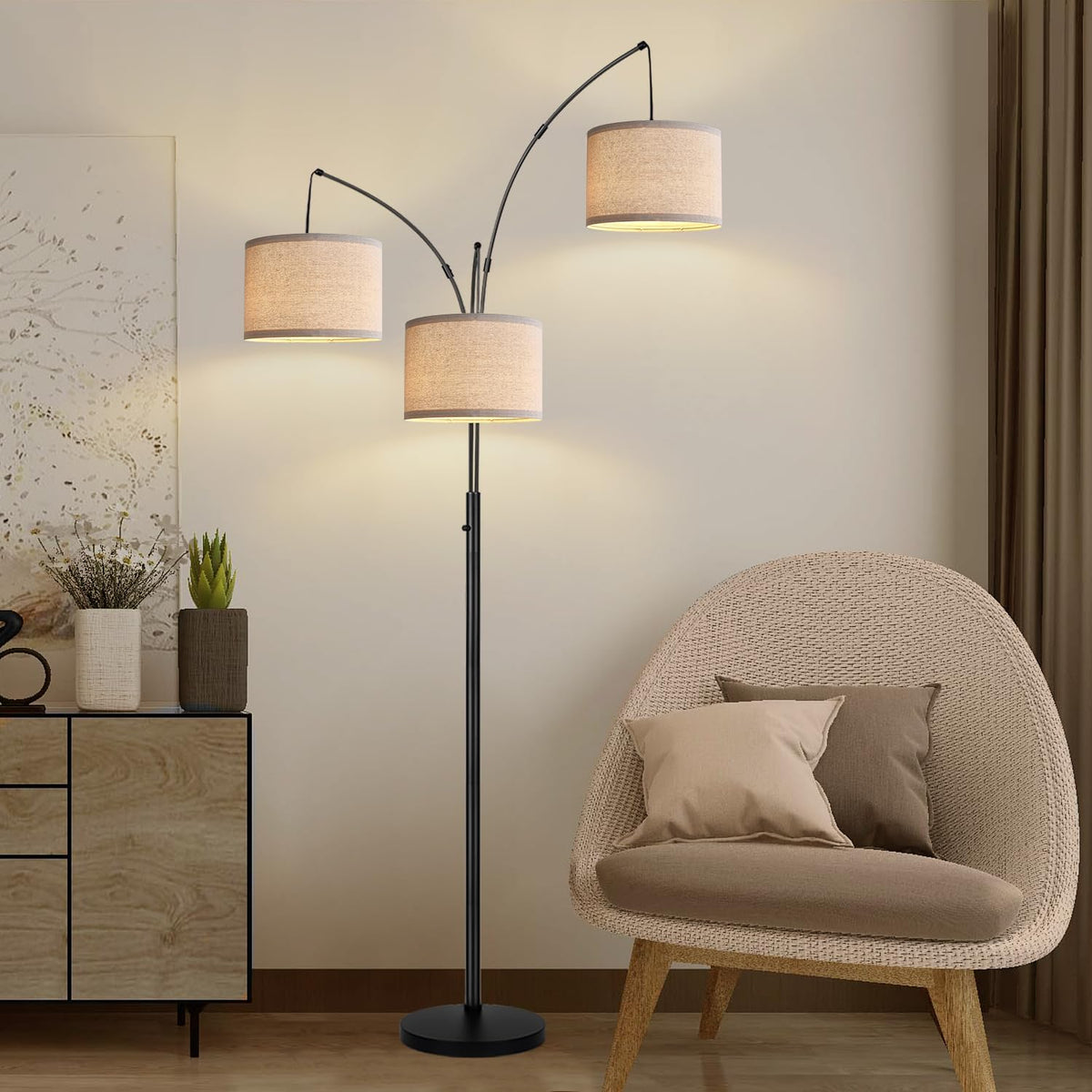 Dimmable 3 Lights Floor Lamp - 3000LM Super Bright Arc Floor Lamps for Living Room, Modern Tall Standing Lamp With Beige Shades, Mid Century Tree Floor Lamp for Bedroom Office, 3 LED Bulbs Included