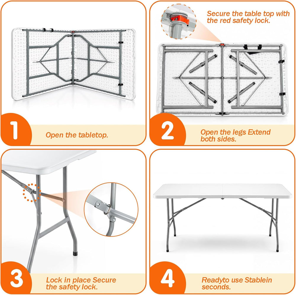6FT Portable Folding Table, White Square Card Table with Carrying Handle &amp...