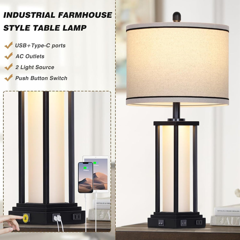 27" Tall Vintage Table Lamp Set of 2 with USB C+A & Outlet,Black Ind...