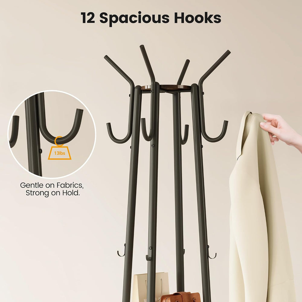 Homeiju Coat Rack with Storage Basket & 12 Hooks, Freestanding Heavy Duty...