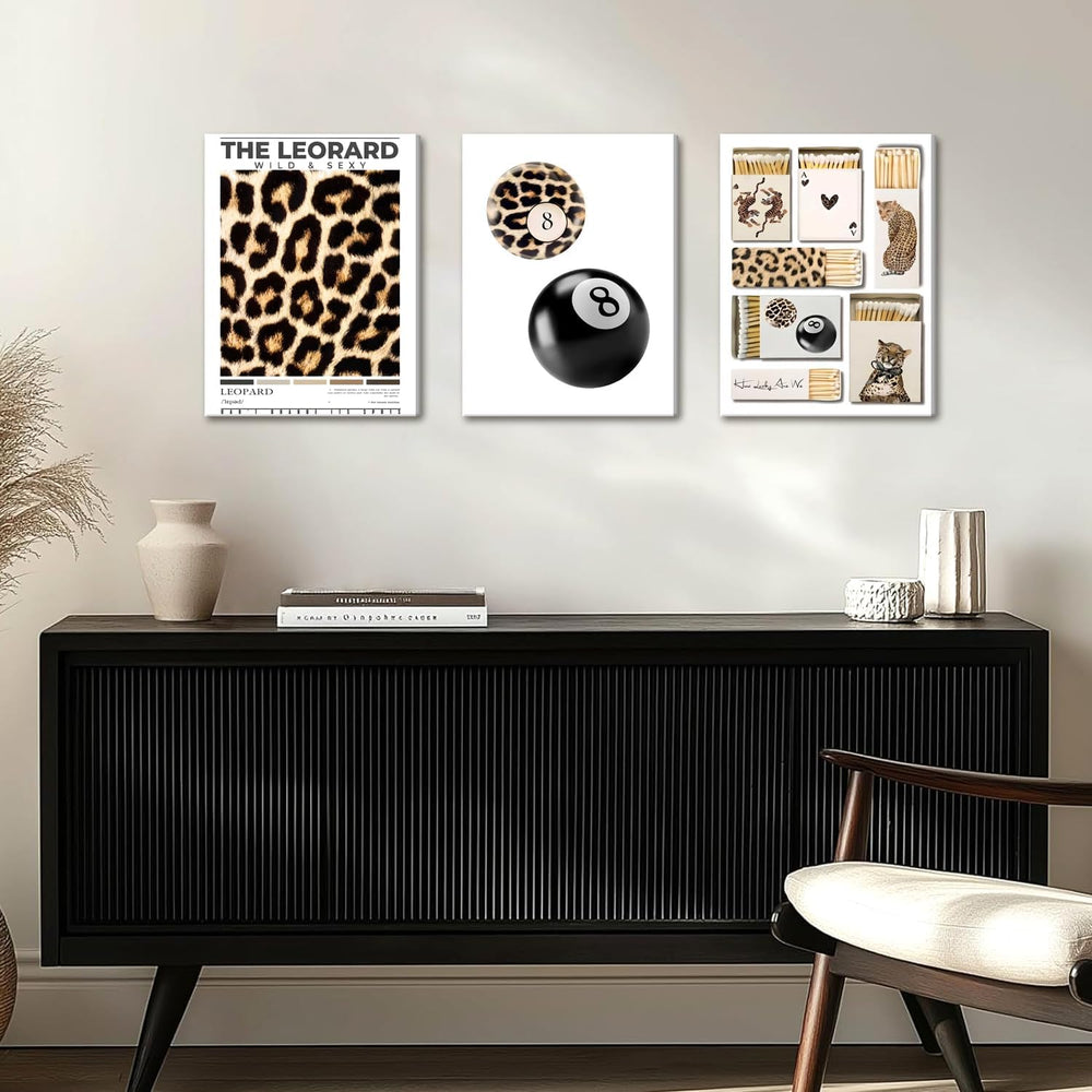 Framed Trendy Leopard Canvas Wall Art Set of 3, Preppy Cheetah Lucky 8 Ball P...