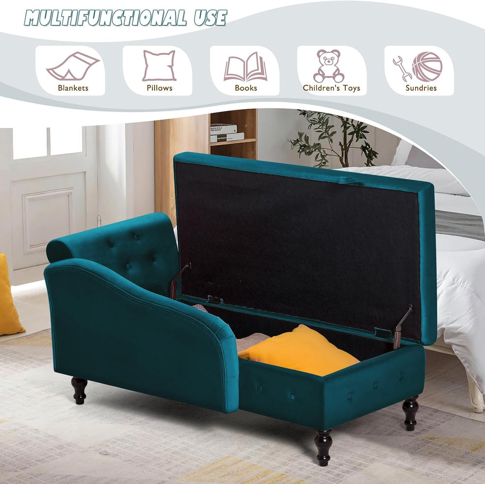 Velvet Chaise Lounge w/Left Armrest & Storage Space, Teal