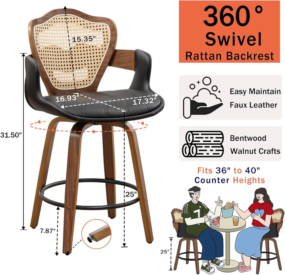 WUPOTO Mid-Century Modern Swivel Bar Stools with Supportive Rattan Back &...