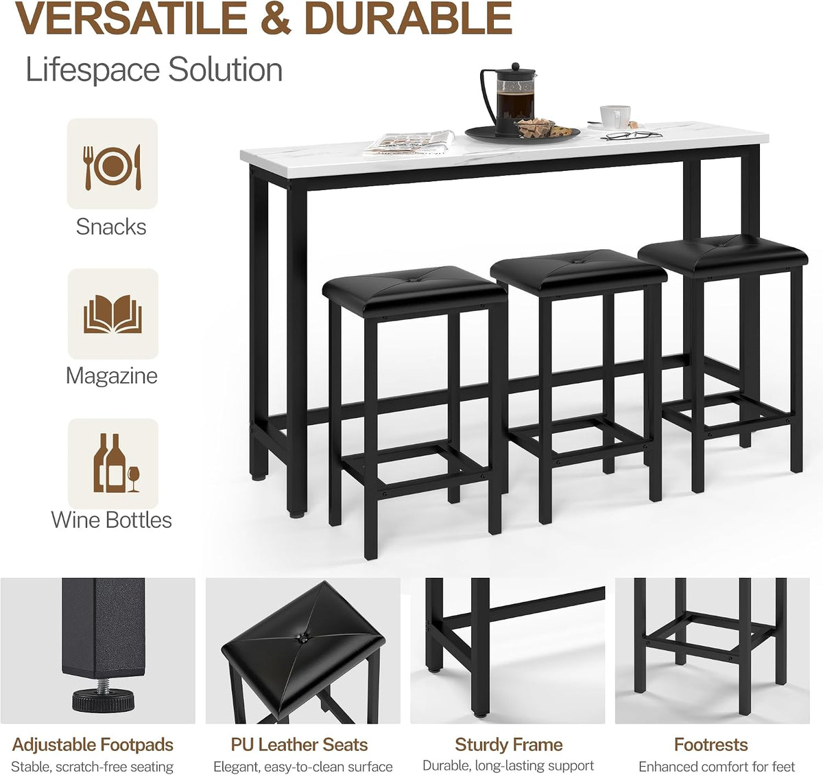 Bar Table Set for 3, 60.2” Faux Marble Behind Couch Table Set, Modern Sofa Table with 3 Upholstered PU Stools, Space-Saving Bar Tables and Stools for Home, Apartment, Small Spaces (Black)