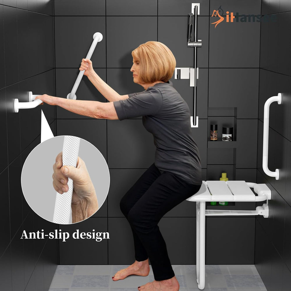 14x16 Folding Shower Seat w/ 16" Grab Bar for Inside Shower Bathtub, White