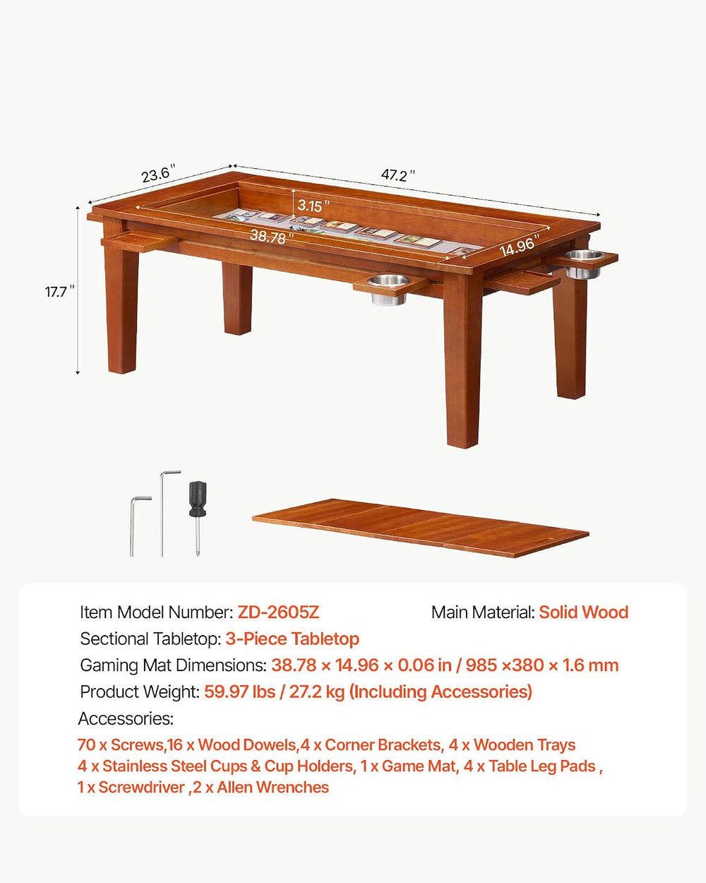 VEVOR Board Game Table 2-in-1 Gaming and Dining Table 47.2 x 23.6 x 17.7 in