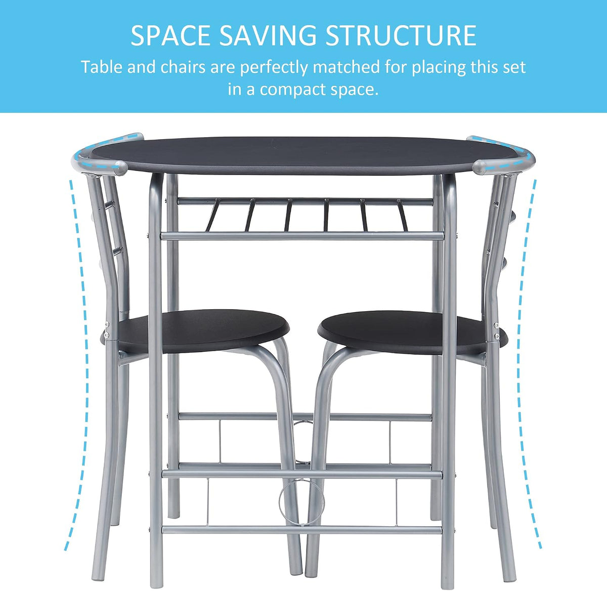 VECELO 3 Piece Wood Round Table & Chair Set for Dining Room Kitchen Bar Breakfast, with Wine Storage Rack, Space Saving, Black