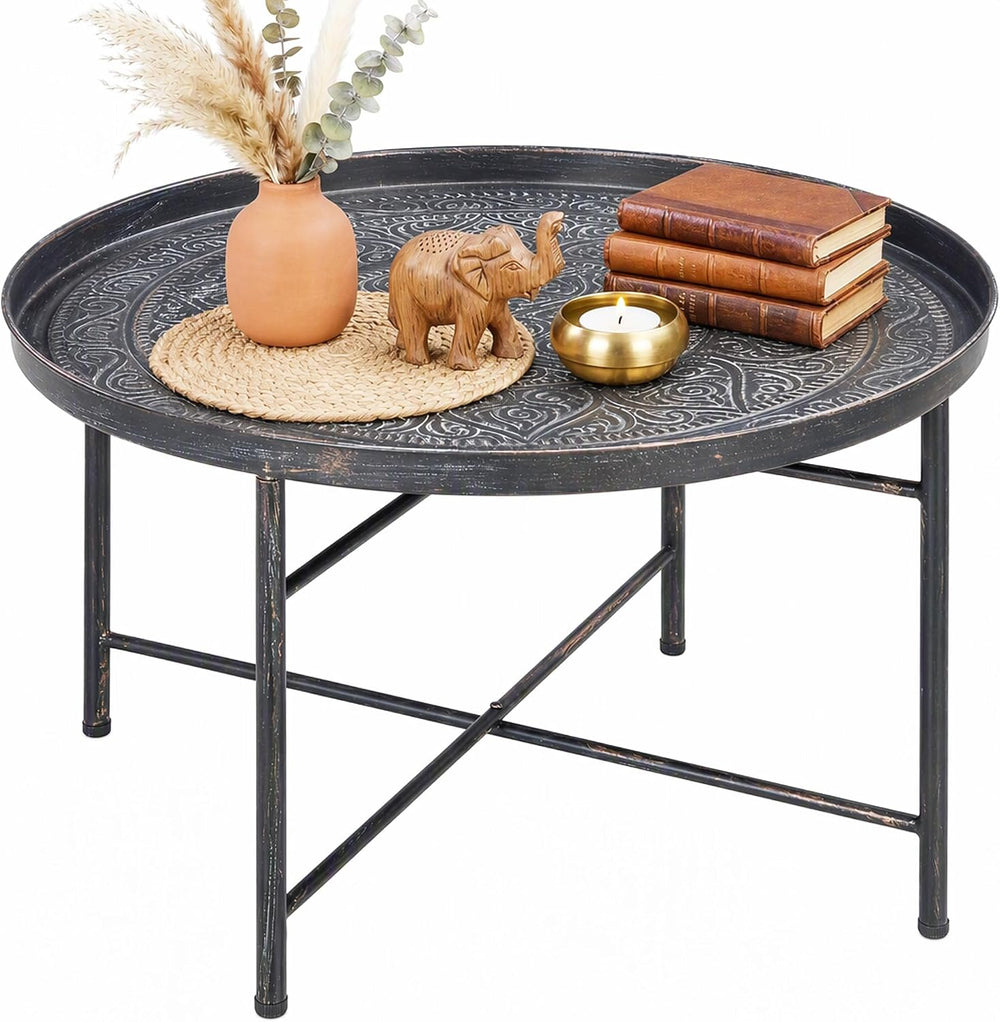 HOMCOM 24" Hammered Round Coffee Table Vintage Metal Side Table Pewter