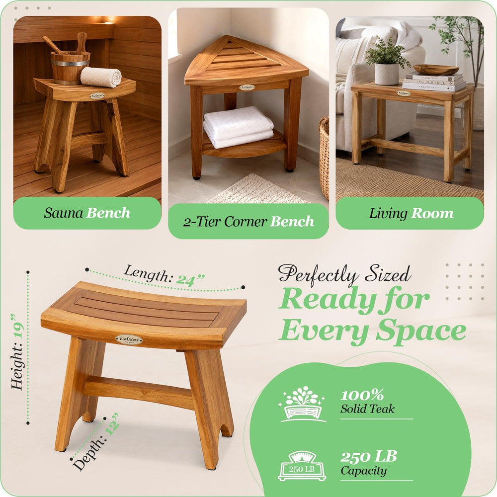 EcoDecors Serenity 24" Teak Shower Bench, Non-Slip Shower Stool