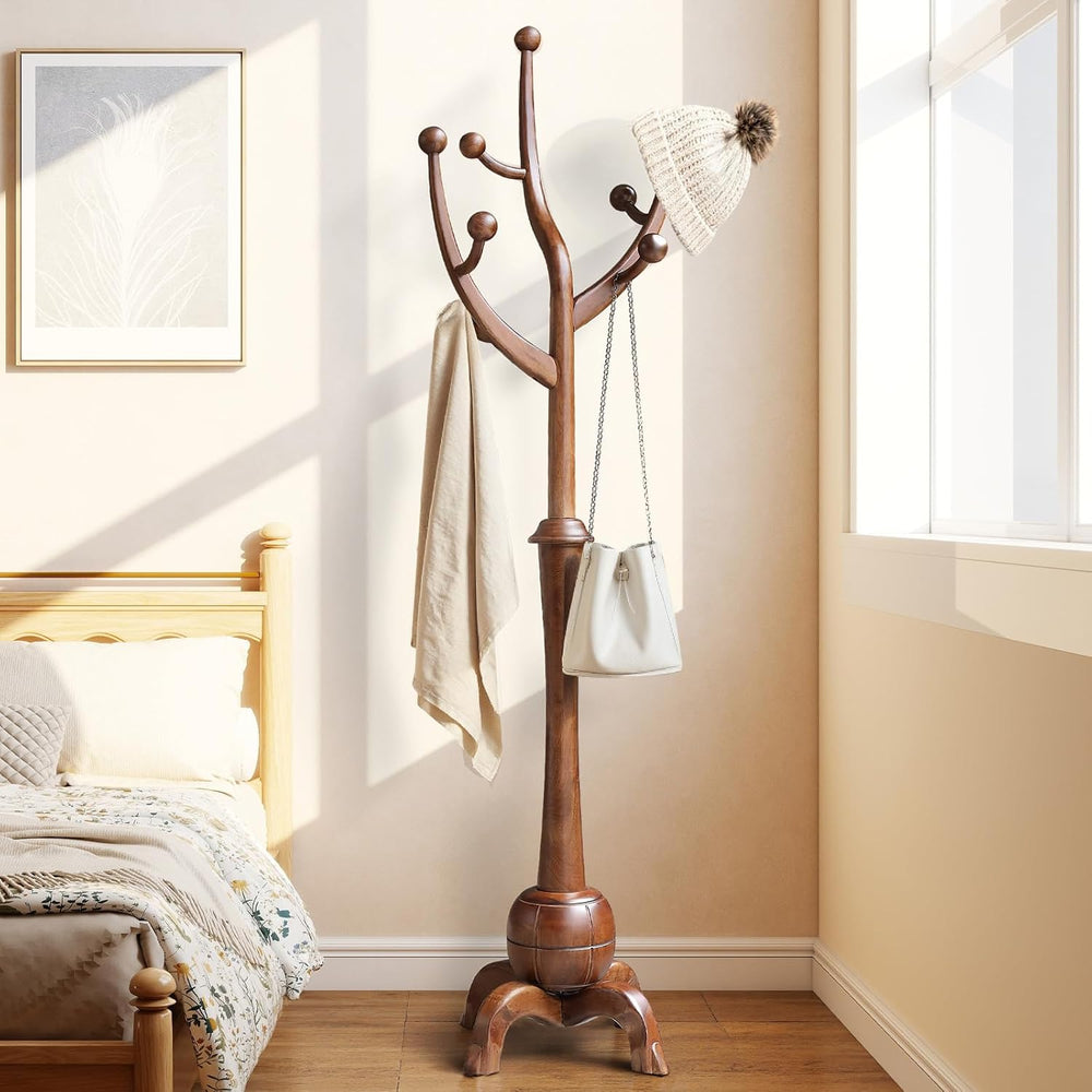 Wooden Coat Rack Freestanding Coat Tree with 8 Hooks, Walnut