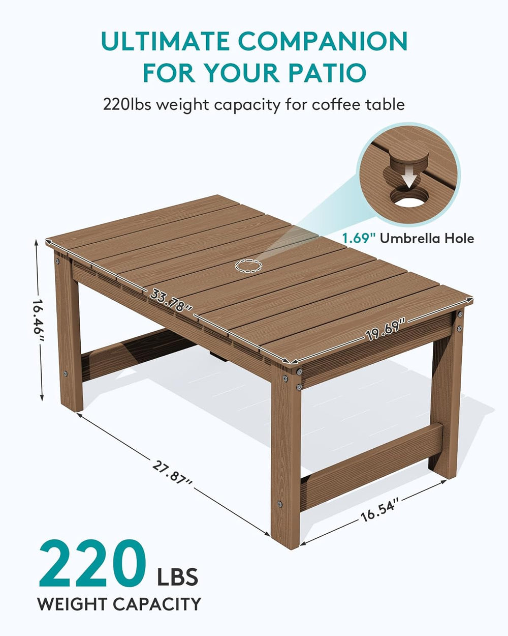 SERWALL HDPE Outdoor Coffee Table with Umbrella Hole, Brown