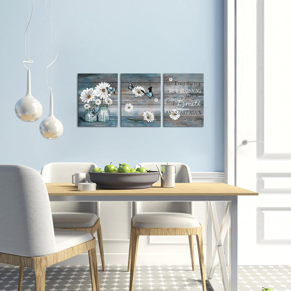 RyounoArt 3 Piece Daisy Wall Art Butterfly Inspirational Picture on Canvas fo...