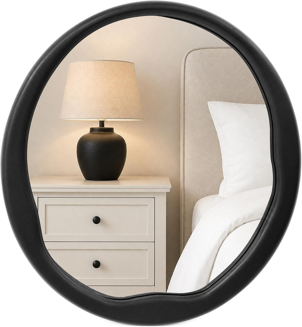 Matte Black 24 Inch Round Wood Wall Mirror, Asymmetrical Inner Edge
