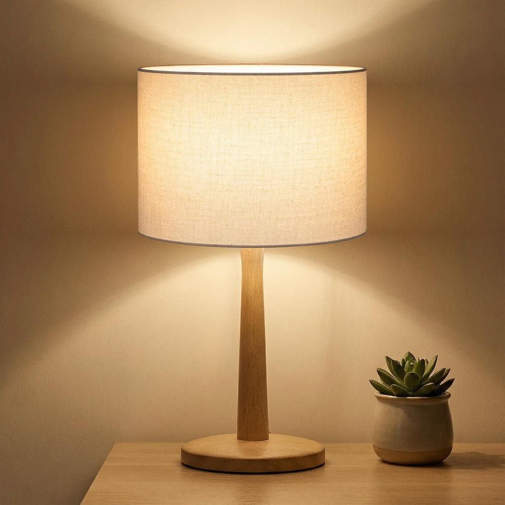 16.3” Natural Wood Table Lamp with Linen Drum Shade, E26 Base, Beige