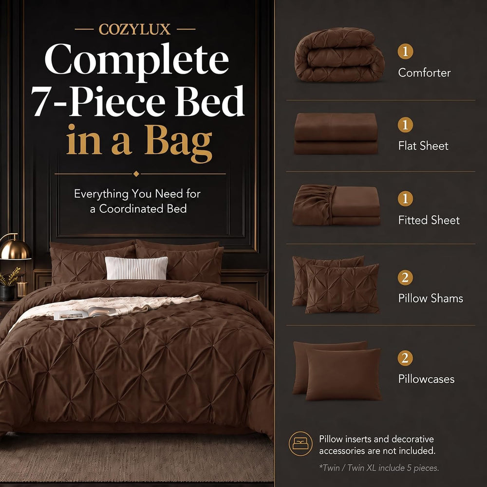CozyLux Queen Comforter Set Brown, 7 Pieces Pintuck Bed in a Bag