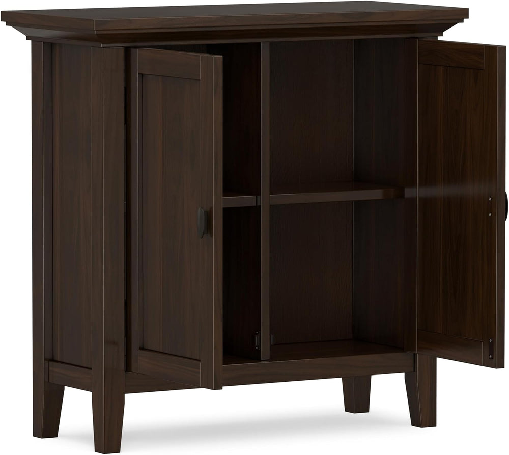 SIMPLIHOME Redmond 32" Wide Solid Wood Cabinet in Brunette Brown