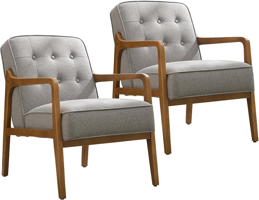 SOFTHION Linen Mid Century Modern Chair with Solid Wood Frame 2-Pack, Grey