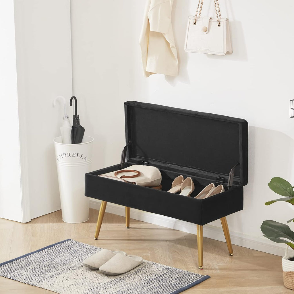 Gitrah Storage Bench Entryway Bench End of Bed Bench Ottoman Upholstered Velvet Bedroom Bench Tufted Bench with Golden Legs 32" Black