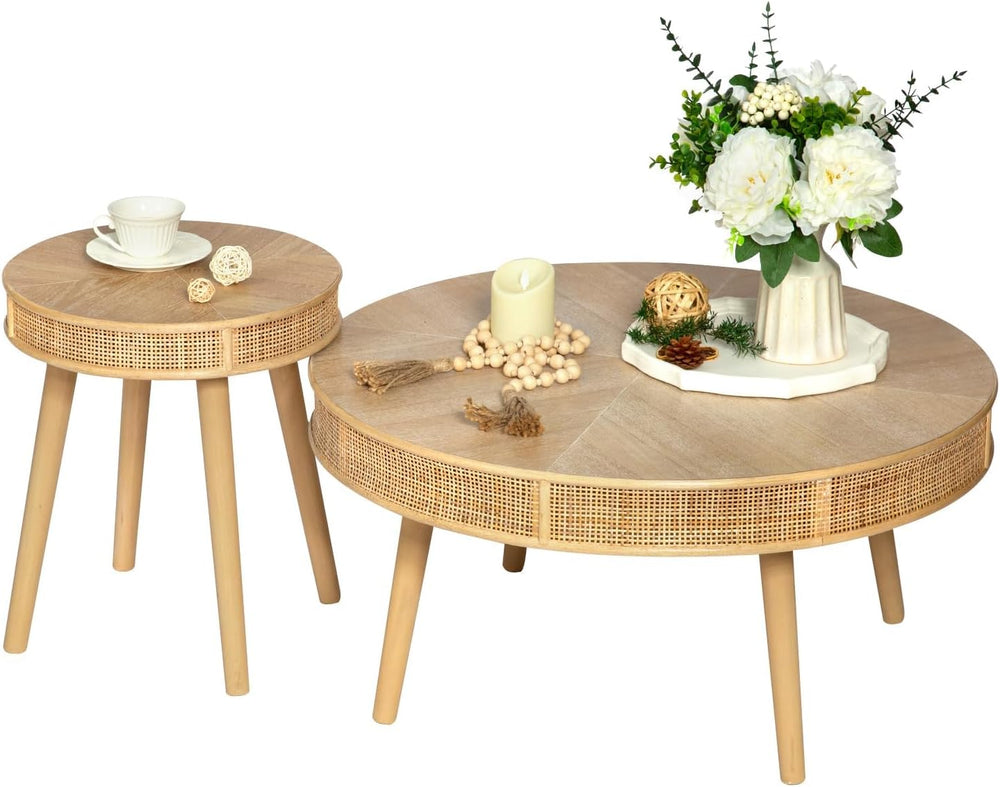 RUSTOWN 2-Piece Farmhouse Coffee Table, Modern Round Rattan Side Tables