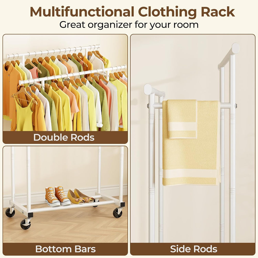 HYSEYY Double Rods Clothes Rack, Rolling Clothing Rack for Hanging Clothes Po...