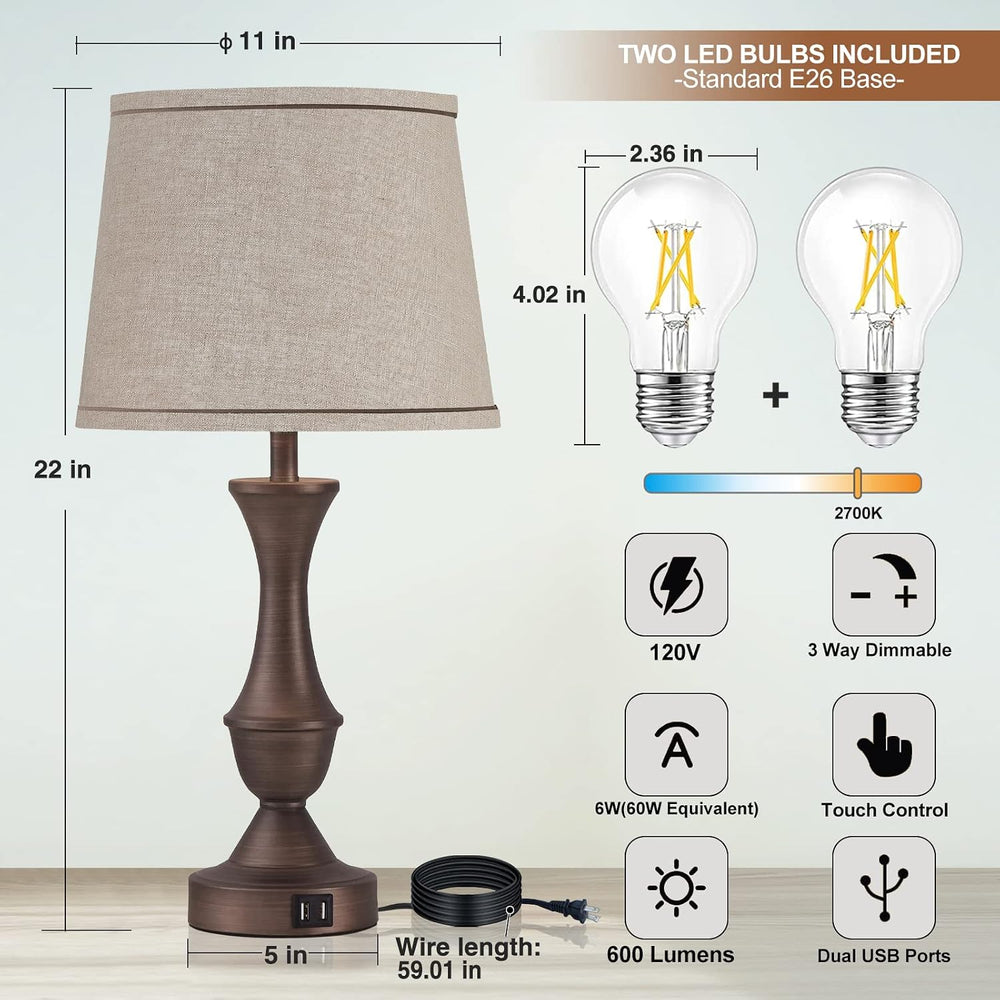 Luvkczc Touch Table Lamps Set of 2, 22" Tall Bedside Lamps with USB C+A ...